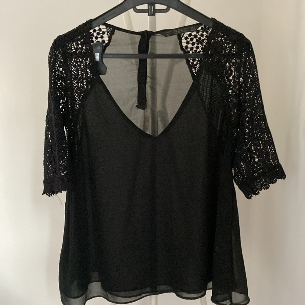 ZARA Trafaluc Women’s Black Chiffon Blouse Crochet Sleeves V Neck Size S